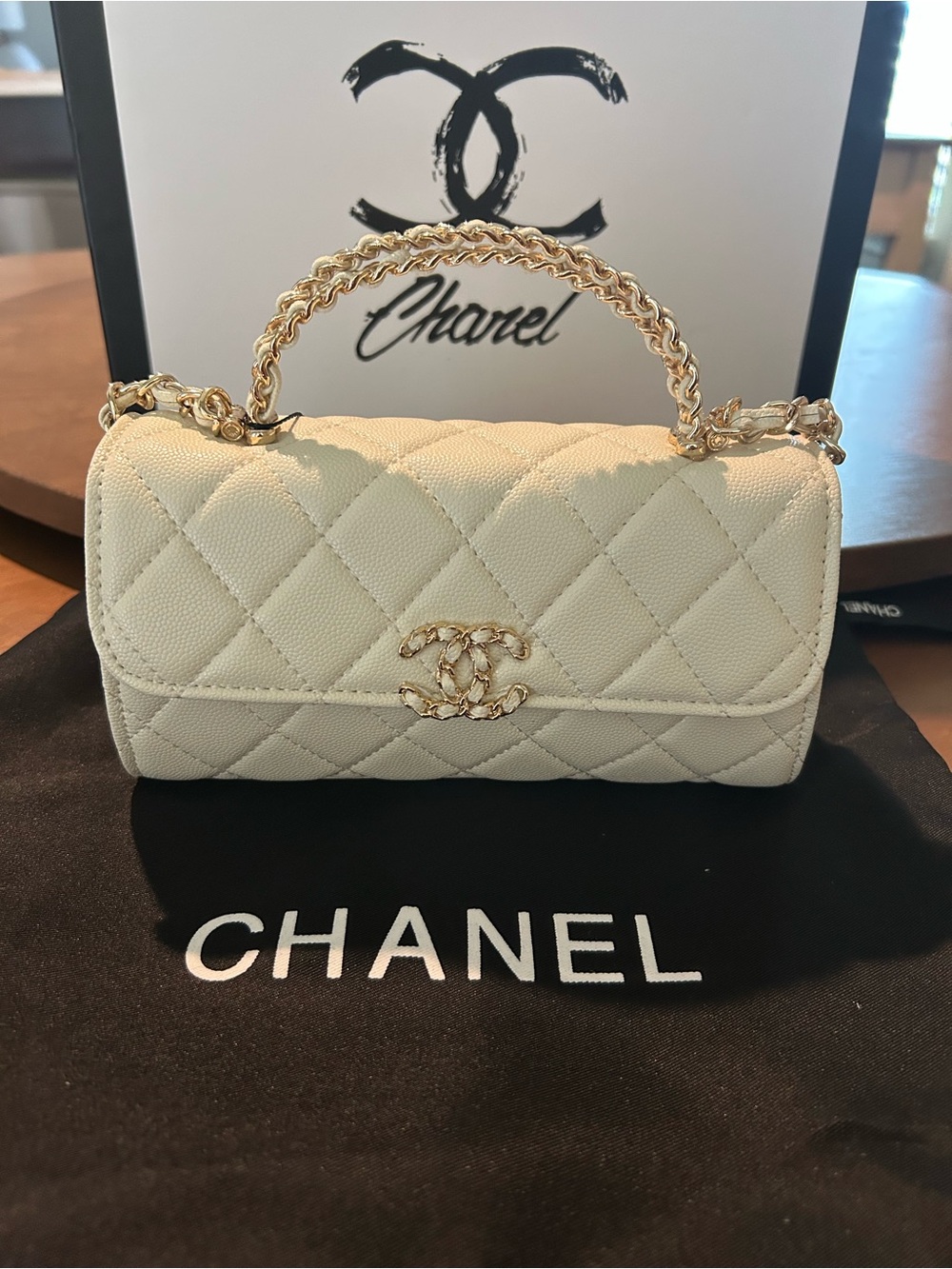 CHANEL White Quilted Mini Top-Handle Bag with Gold Chain VIP